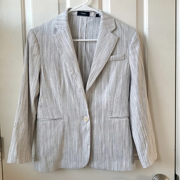 Theory Double Breasted Linworth Ikat Tierra Linen Blazer Coat Beige Gray Size 2 - Picture 1 of 9